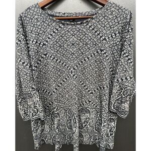 Lucky Brand Shirt Women 1X Blue Paisley Mandala 3/4 Sleeve Boho Comfy Top Blouse